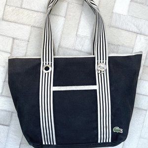 Lacoste Tote Bag Canvas, Blue & White Vertical, Purse Pouch, Beach Gym